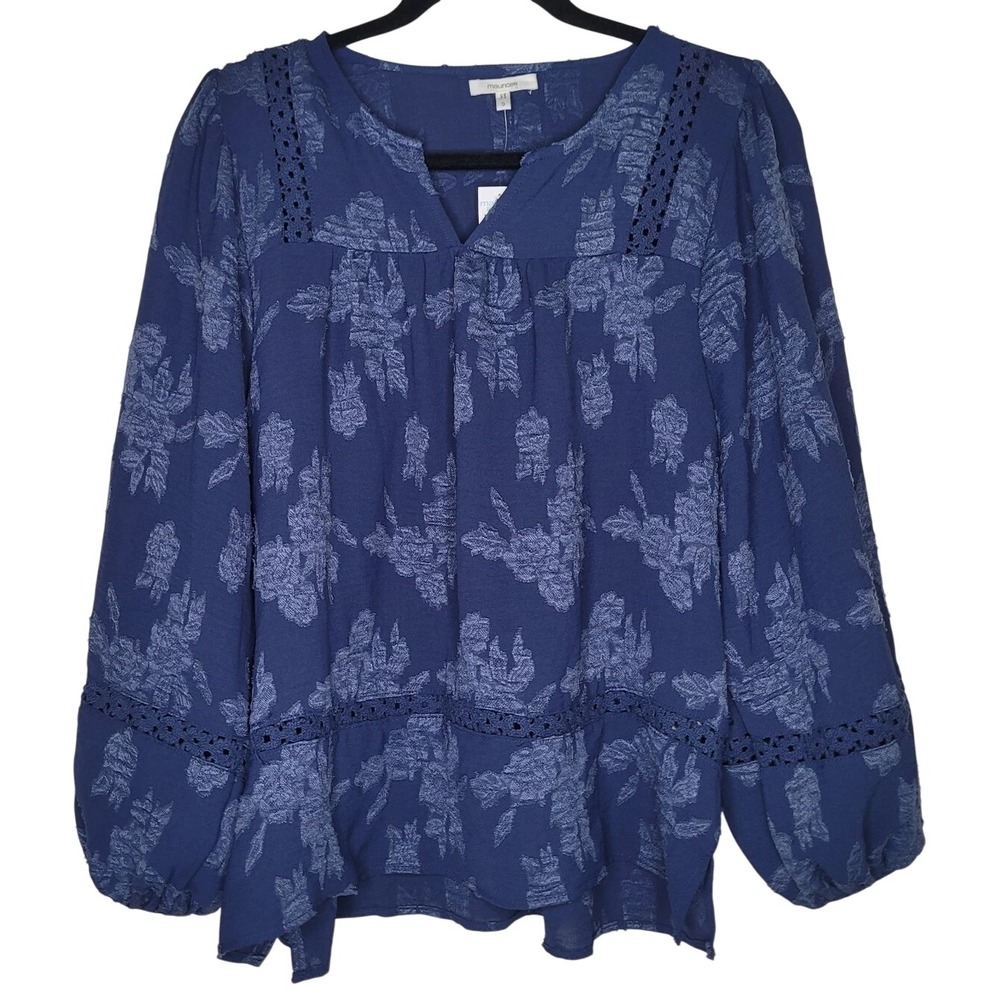 NWT maurices Blue Floral Crochet Embroidered Tunic Peasant Blouse Boho S